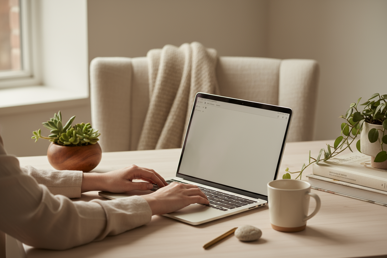 A cozy and elegant lifestyle photograph in soft beige aesthetic, showing a modern workspace with a person’s hands on a notebook or laptop, surrounded by small green plants and warm natural light, symbolizing growth and balance, minimalistic and serene composition, soft beige and cream tones, subtle textures of wood, paper, and foliage, calm and inspiring atmosphere, high-quality professional photography

