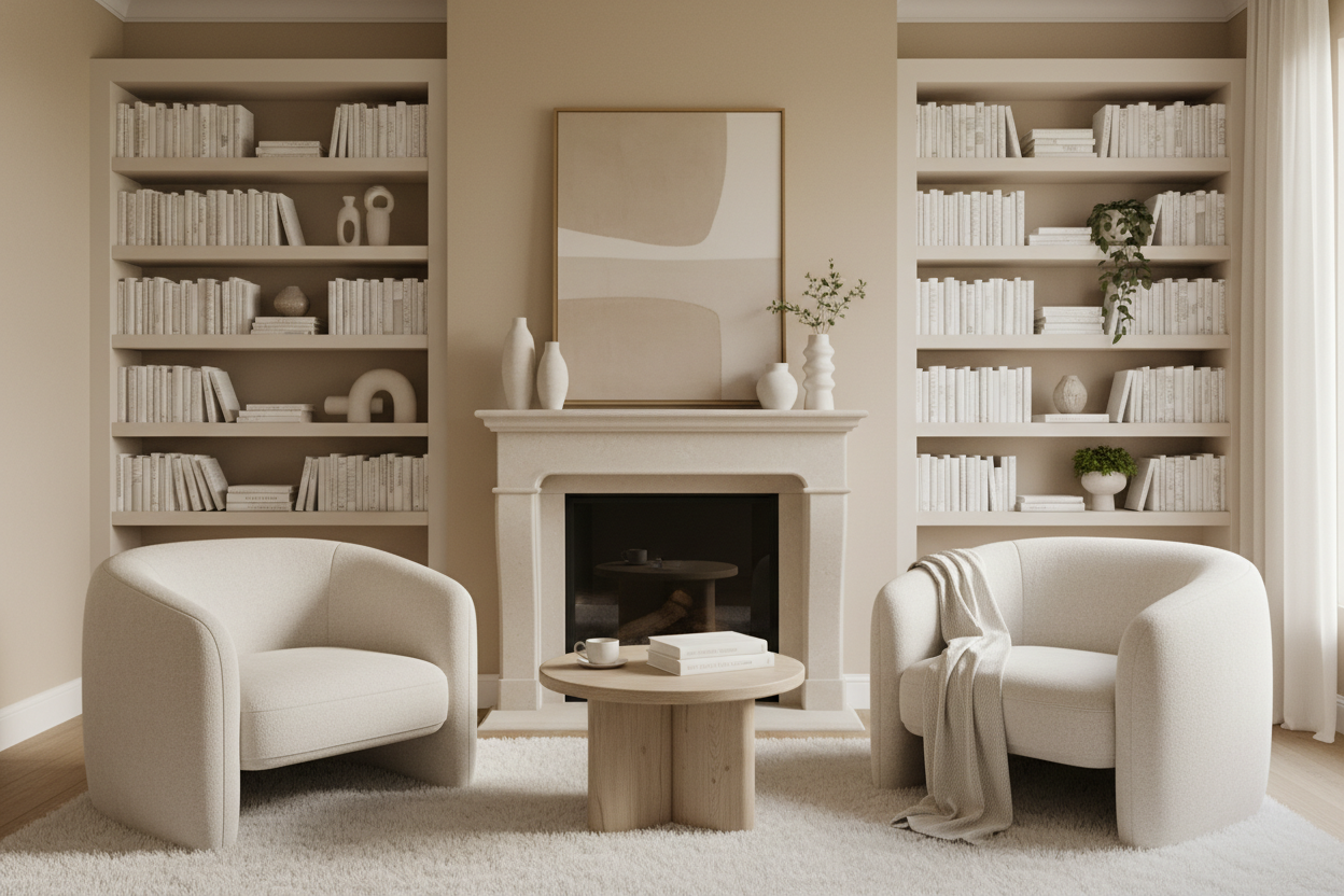in the Soft Beige Aesthetic : une piece cosy avec deux sièges confort blanc en bouclette devant une cheminée, sol en moquette épaisse blanche, des bibliothèques de chaque côté remplies de livre blancs