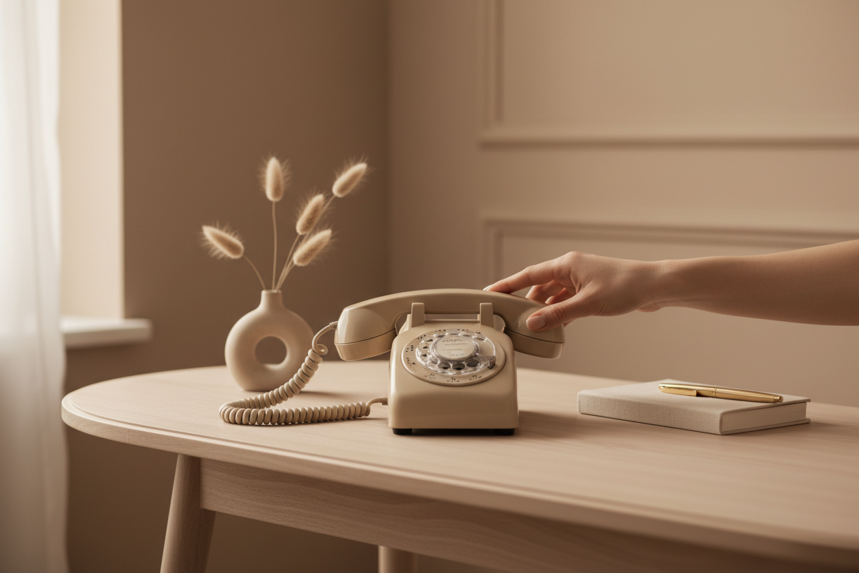 Soft Beige Aesthetic : Téléphone vintage filaire posé sur un bureau élégant avec une main féminine d'une personne hors champ,  prête à décrocher