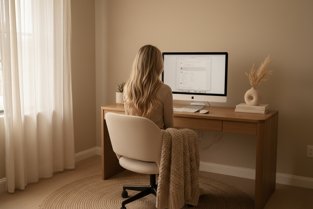 soft Beige aesthetic : une blonde de dos, cheveux long, sur un écran mac dans un bureau cosy