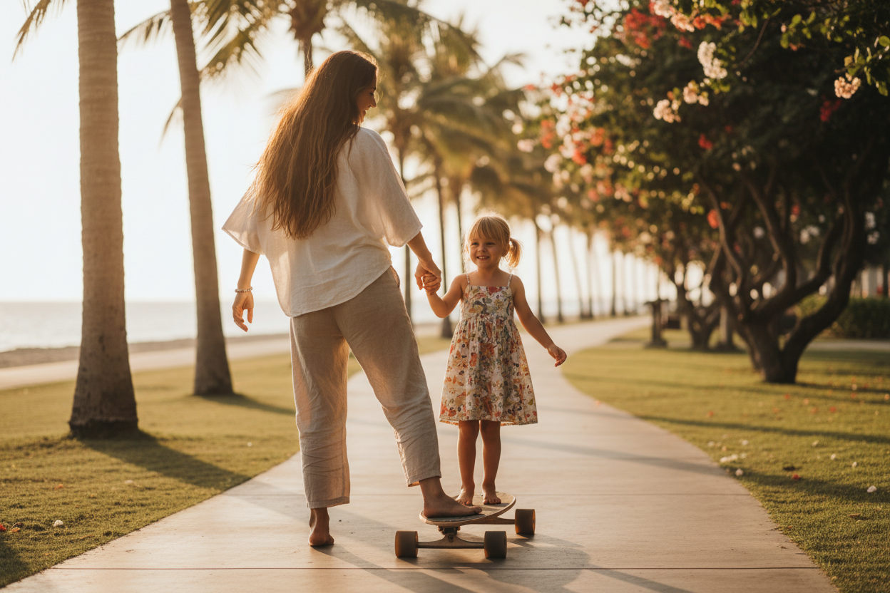 Une maman de dos sur un longboard qui tient les mains de sa fille qui est débout à l'avant sur la planche